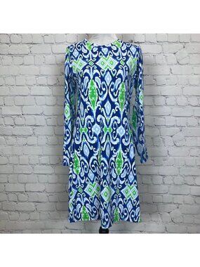 NWT IBKUL Long Sleeve Crew Neck Dress Size S Blue Ikat Print UPF 50